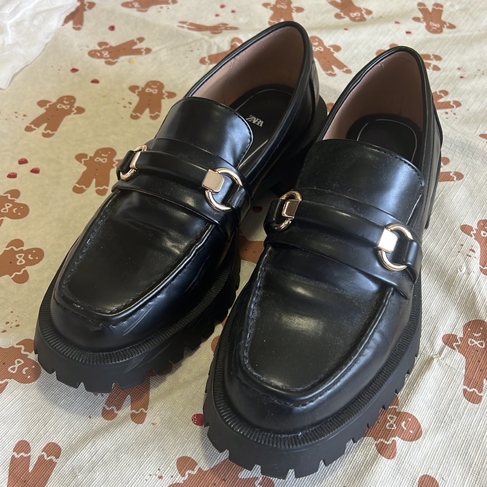 Zara Platform Black Loafers with Gold Hardware